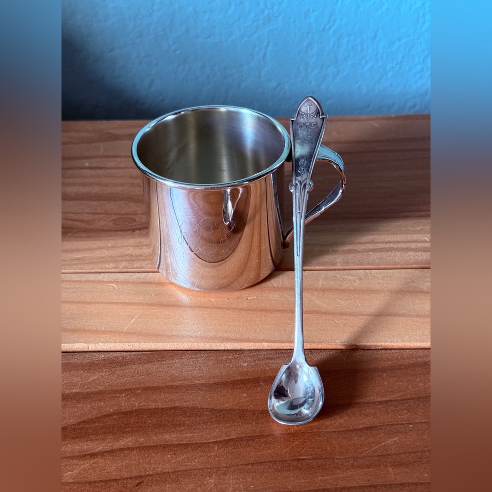 Oneida Silverplate Baby Cup, Spoon-Handle Design, Monogram RBS + Gift Spoon